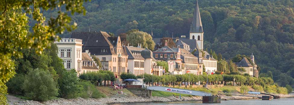 Unkel im Sonnenlicht im Vordergrund der Rhein